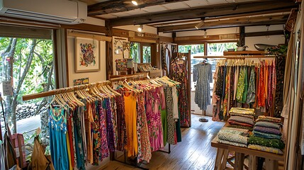 Obraz premium Colorful clothing displayed in a rustic shop.