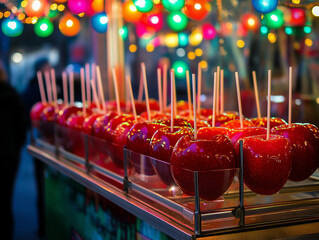 Festive Display of Candy Apples Under Bright Carnival Lights
