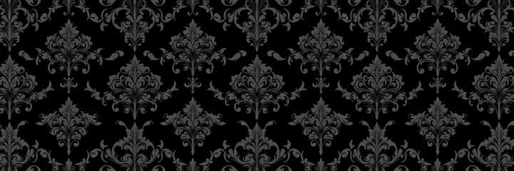 Intricately designed seamless gothic damask pattern with dark and elegant motifs on a black background, background, elegant, gothic