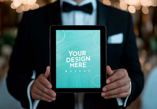 Man in Tuxedo Holding Tablet Mockup