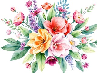 Lush floral arrangement painted in watercolors, painting, bouquet, botanical