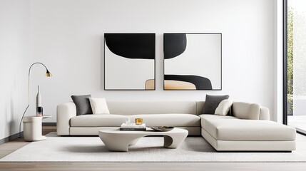 Sleek, modern living room with a low-profile sectional, a sculptural coffee table, and large-format wall art for a bold look