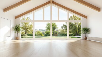 Obraz premium Spacious empty living room with a vaulted ceiling, wooden beams, and large windows offering scenic views