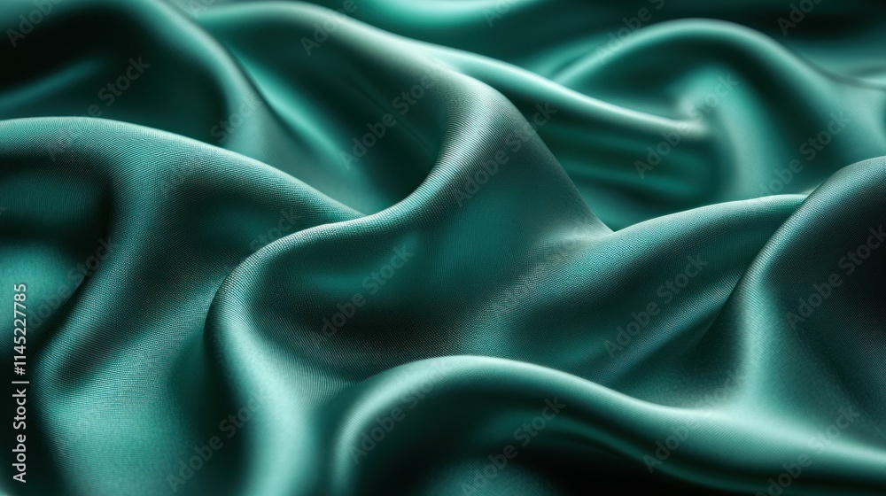 Poster a close-up view of smooth, teal satin fabric with elegant folds and textures.