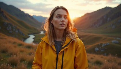 Naklejka premium A young woman wearing a vibrant yellow jacket standing in a picturesque mountain valley during sunset, surrounded by dramatic scenery and a peaceful wilderness environment.