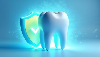 A bright tooth with a shield featuring a checkmark symbolizes dental care and oral protection. The vibrant blue background highlights the concept of health and hygiene, evoking cleanliness.