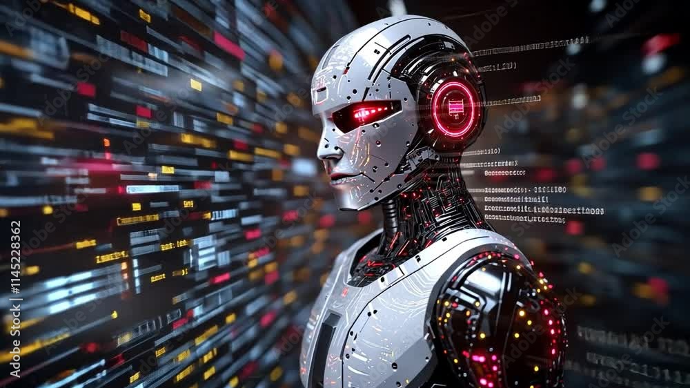 Poster advanced artificial intelligence robot against a backdrop of digital data streams in vibrant colors