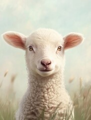 Obraz premium A delightful white lamb gazes playfully into the distance, showcasing its curiosity and innocence. Surrounded by soft grasses under a warm, serene sky, the scene evokes the joy of Easter