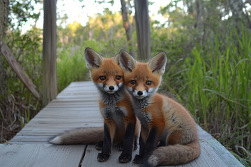 Adorable Fox Cubs Sitting on a Wooden Boardwalk &ndash; Wildlife Photography