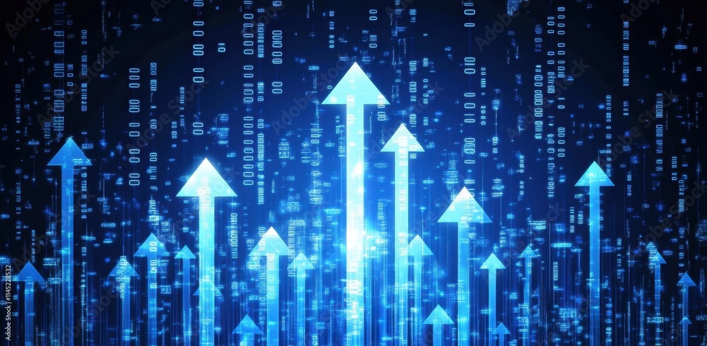 Poster digital background featuring blue arrows pointing upwards on the right, with digital data and binary