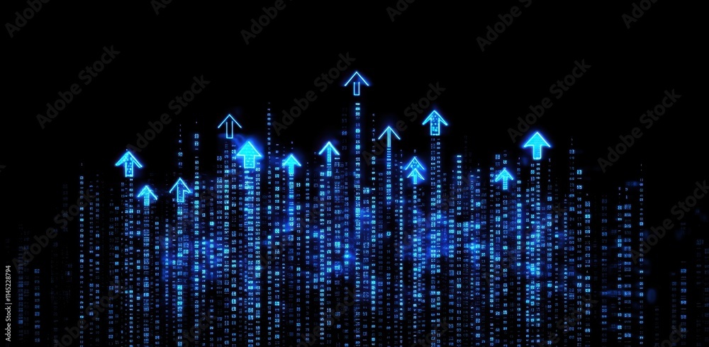 Poster abstract background with blue arrows pointing upwards on digital data and binary code, symbolizing g