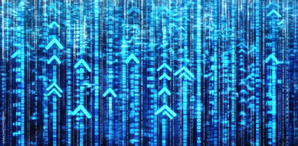 Poster abstract background with blue arrows pointing upwards on digital data and binary code, symbolizing g