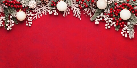 Festive Christmas background with red berries, gold baubles, pine cones, and frosted greenery on textured red surface perfect for holiday design or seasonal cards in a cheerful and warm style