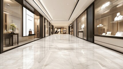 Elegant Shopping Mall Interior with Marble Flooring and Display Cases