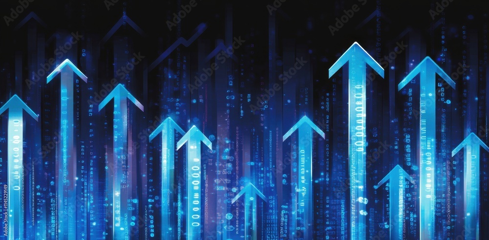 Poster digital background featuring blue arrows pointing upwards on the right, with digital data and binary
