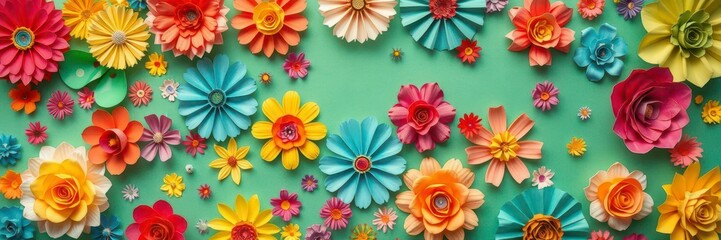 Vibrant backdrop featuring a variety of colorful paper roses, floral, multicolored, decorative