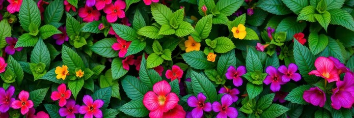 Vibrant purple flower petals and lush green leaves in a close-up shot, petals, leaves