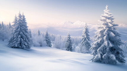 Obraz premium Snow covered pine trees and majestic mountains during a winter sunrise