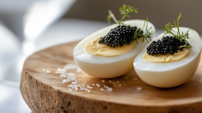 Two halves of boiled eggs decorated with black caviar and dill on wooden board