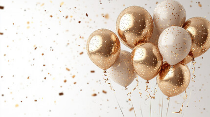 Fototapeta premium Gold and white balloons float against a festive background with confetti, perfect for celebrations and events