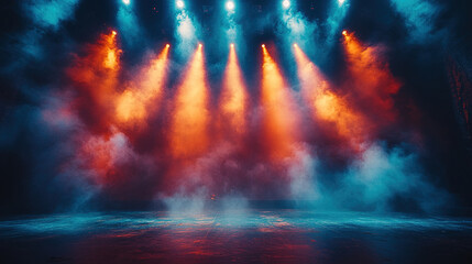 Colorful stage lights illuminate an empty performance space with fog during a dramatic lighting setup at night