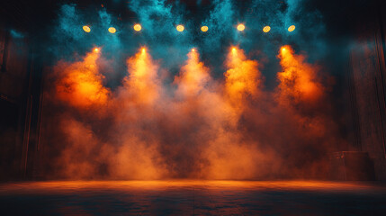 Fototapeta premium Colorful stage lights illuminate a dramatic atmosphere in a theater setting during a performance