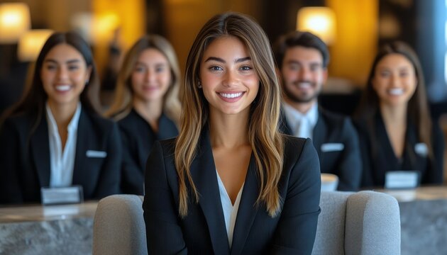 A confident woman leads a friendly team of hotel staff at a luxury reception area
