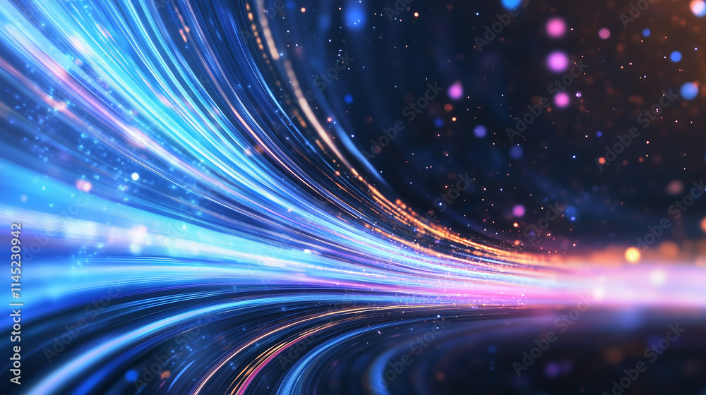 Poster colorful light trails create a dynamic visual effect in a dark setting with sparkling particles