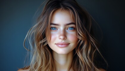 Naklejka premium A young woman is smiling gently with long hair flowing around her shoulders