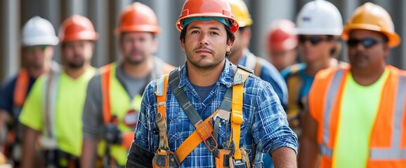 A group of construction workers in safety gear on a job site.