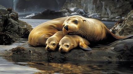 Naklejka premium Sea lion and pup on a rocky coastline