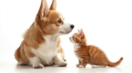 Obraz premium A corgi and a kitten share a playful moment, highlighting the bond between pets.