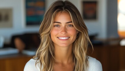 Woman with long hair smiles warmly in a stylish, sunlit indoor space