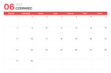 Kalendarz 2025. Tydzień kalendarzowy 2025 zaczyna się w niedziele. Korporacyjny minimalistyczny pusty kalendarz na Czerwiec 2025