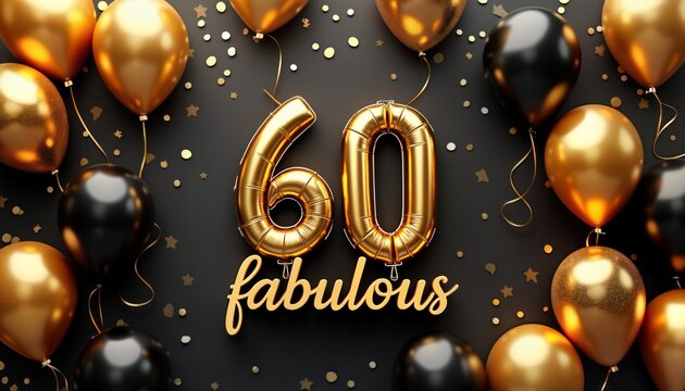 Sixty years celebration with gold, black balloons, confetti. Number 60, word fabulous in gold. Party decorations for 60th birthday. Festive, glamorous party atmosphere. Anniversary celebration. Gold,