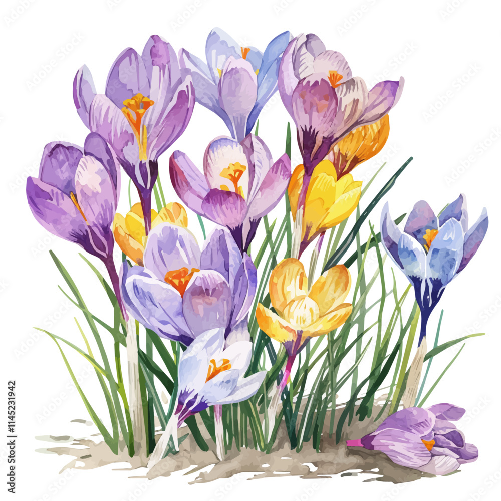 Wall mural A watercolor vector of colorful spring crocuses in the garden, isolated on a white background. Crocus vector.
