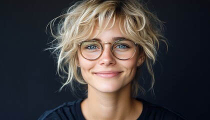 Young woman with curly blonde hair smiles brightly, wearing glasses and a casual shirt