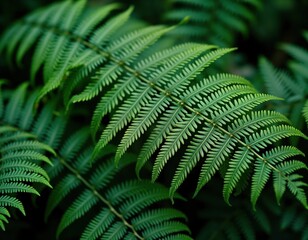 Closeup view of rich dark green fern fronds. Detailed texture of vibrant foliage. Natural beauty of wild plant growth. Fresh green plants in forest garden environment. Suggests nature background