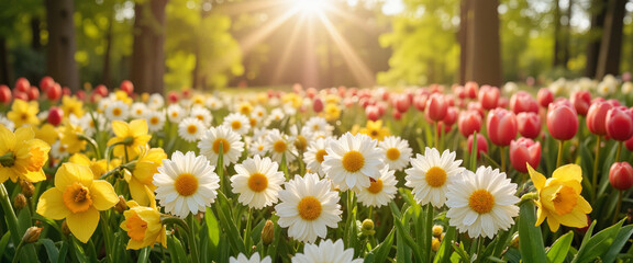 Obraz premium Colorful spring flowers blooming in sunlit garden