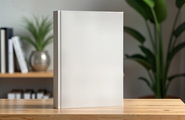 Blank hardcover book mockup on wooden desk. Modern design template for business literature. Empty cover provides ample space for branding. Suitable for corporate presentations publications. Clean,