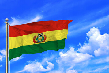 Bolivian National Flag Waving Under a Clear Blue Sky