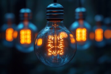 Hanging glowing light bulbs creating a warm atmosphere. A modern and elegant interior design. Perfect for stylish and minimalistic home or restaurant concepts