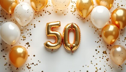 Golden balloons, confetti decorate white background. Large gold number balloons spell out 50. Party invitation menu design for 50th birthday golden wedding anniversary celebration. Elegant