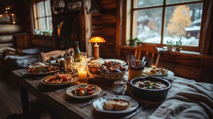 A cozy dining scene with a variety of dishes and warm ambiance in a rustic cabin.