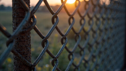 Fototapeta premium Sunset silhouetting a chain-link fence in a tranquil rural setting