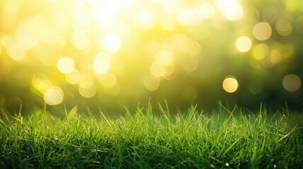 Obraz premium Lush Green Grass Under Soft Glow of Morning Light with Bokeh Effect