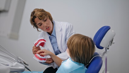 Lady dentist teaching child patient about oral hygiene using teeth model closeup