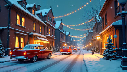Naklejka premium Retro cars drive down a snow-covered street in a charming old town at night. Christmas lights decorate the buildings. Cozy and festive atmosphere with warm lighting from house windows.