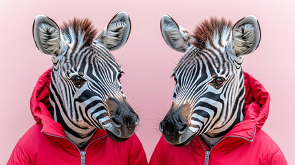 Obraz premium Two zebras wearing bright red jackets standing side by side on a light pink
