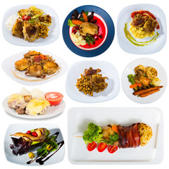 Collection of meals of fowl served with vegetables and greens on white background..